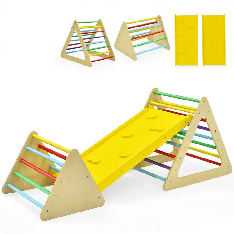 3 in 1 Wooden Climbing Set with 2 Triangle Climbers and Slide