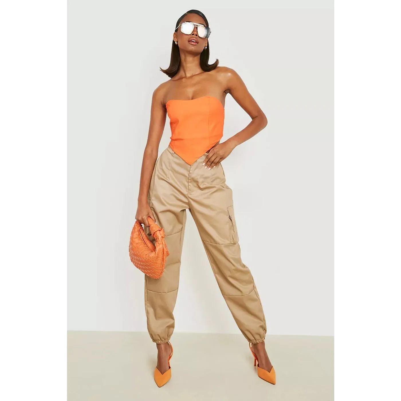 Beige High Waist Woven Cargo Pants