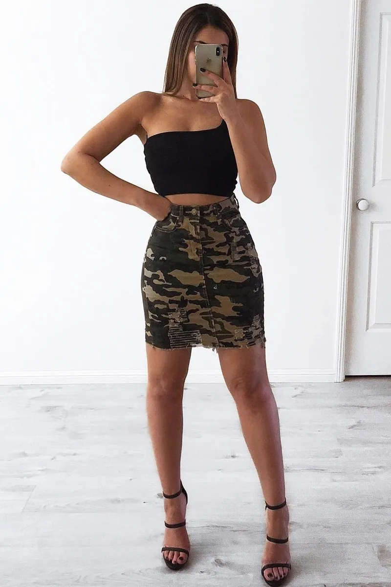 Camo Denim Distressed Skirt - Eunice