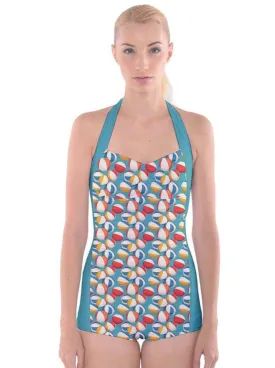 Retro Beach Balls Boyleg Halter Swimsuit