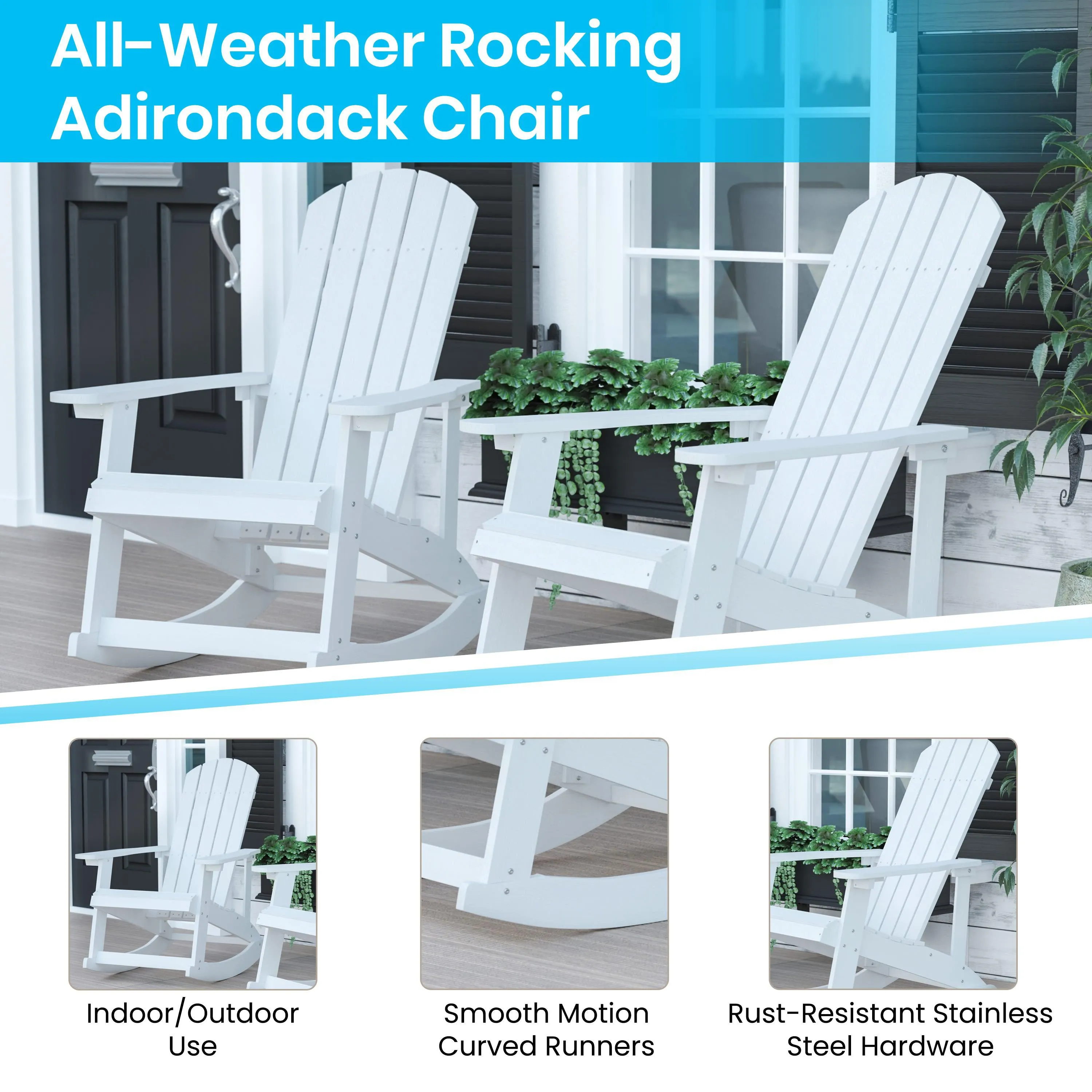 Savannah Set of 4 All-Weather Poly Resin Wood Adirondack Rocking Chairs with 22" Round Wood Burning Fire Pit