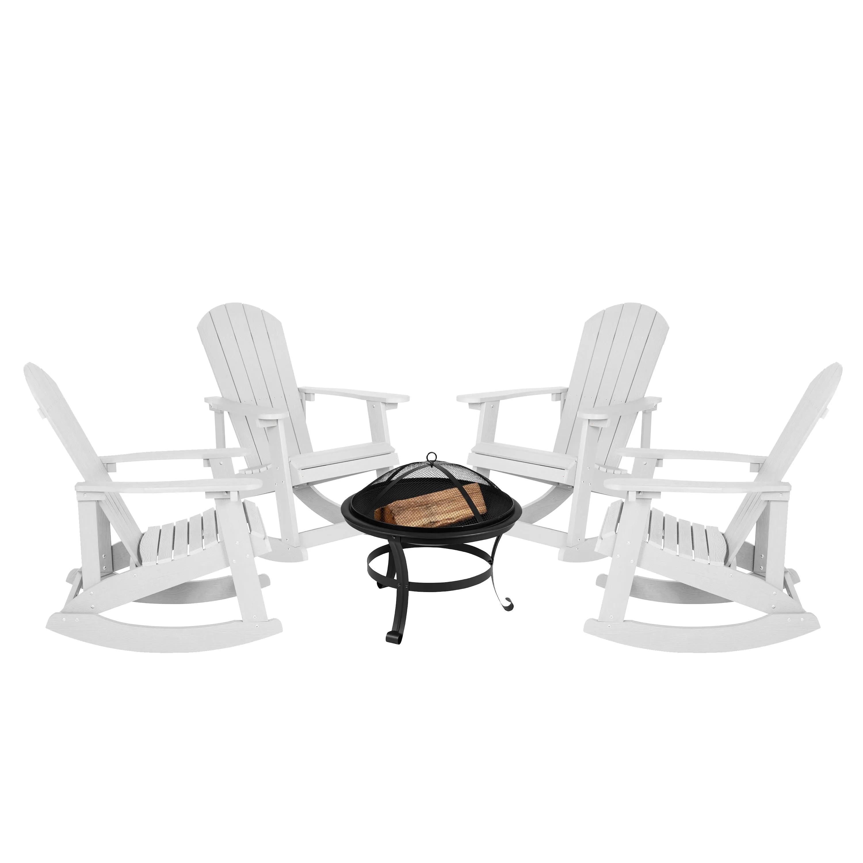 Savannah Set of 4 All-Weather Poly Resin Wood Adirondack Rocking Chairs with 22" Round Wood Burning Fire Pit