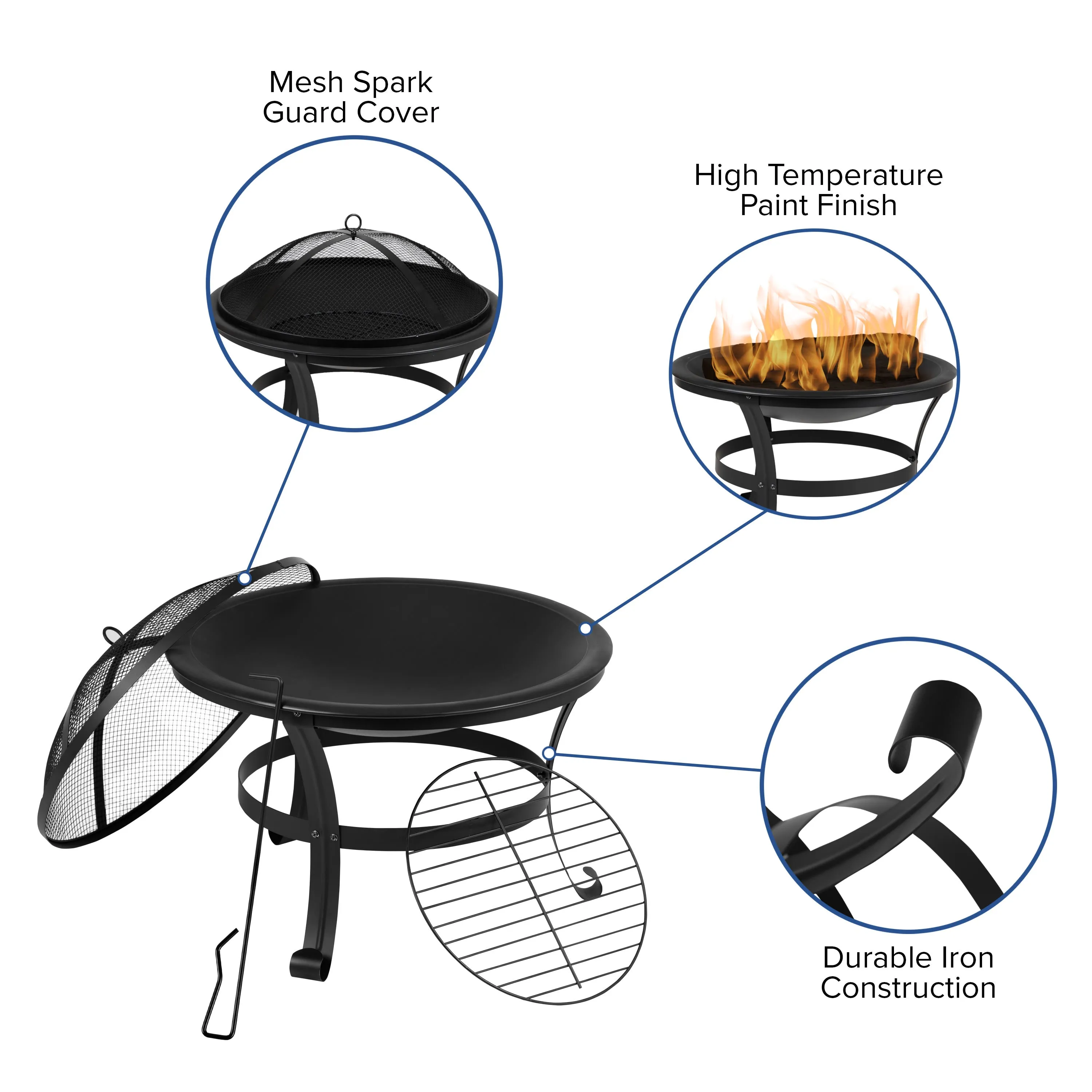 Savannah Set of 4 All-Weather Poly Resin Wood Adirondack Rocking Chairs with 22" Round Wood Burning Fire Pit