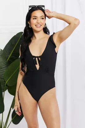 Seashell Ruffle Sleeve One-Piece Swimsuit in Black