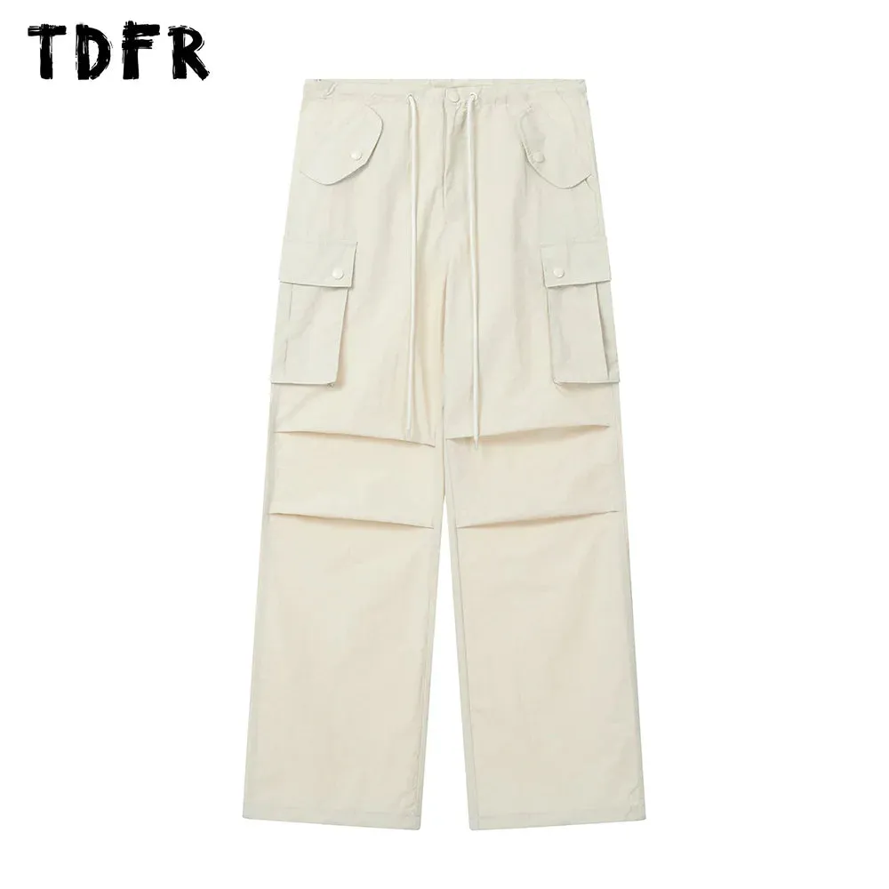 Solid Color Cargo Pants with Drawstring Elastic Waist - Loose Straight Wide Leg