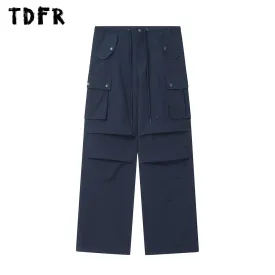 Solid Color Cargo Pants with Drawstring Elastic Waist - Loose Straight Wide Leg