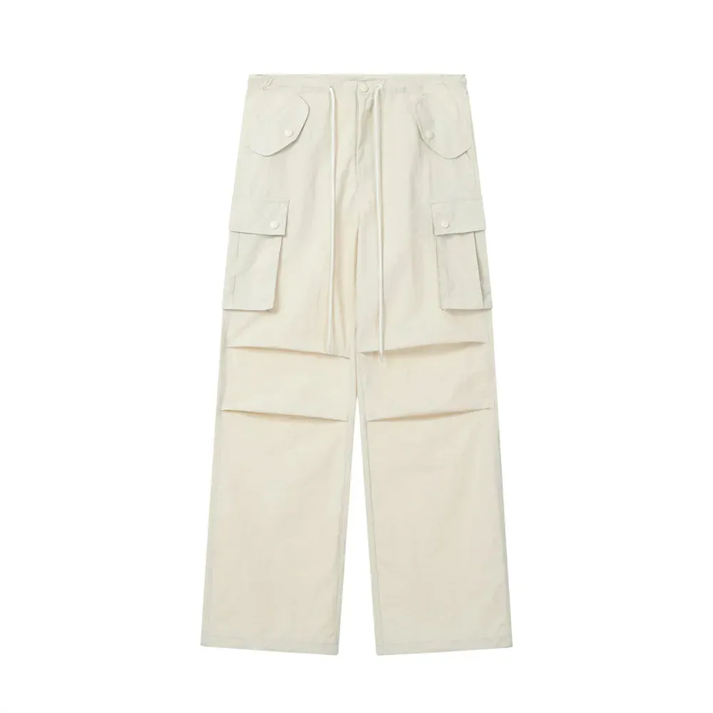 Solid Color Cargo Pants with Drawstring Elastic Waist - Loose Straight Wide Leg